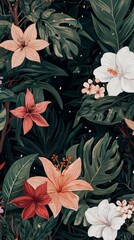 Lush Tropical Flowers  Exotic Jungle Leaves  Floral Seamless Pattern  Dark Background  Bot