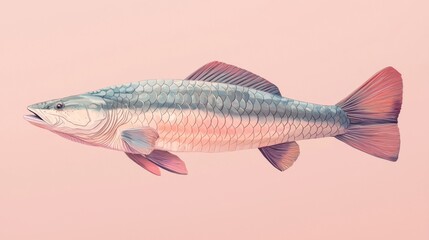 Obraz premium A beautifully illustrated fish with a streamlined body and colorful fins against a soft pink background.