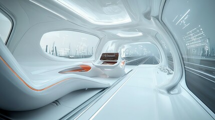 Fototapeta premium Futuristic Vehicle Interior: Sleek White Design with Cityscape Views