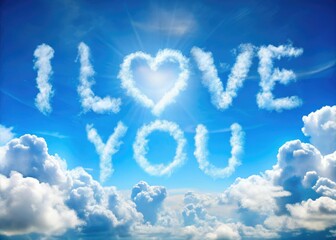 Adorable cartoon clouds form "I love you" in a romantic, flat-design sky.