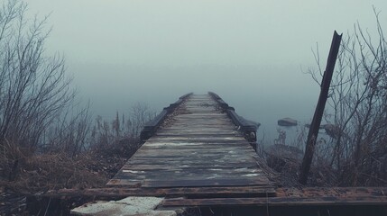 Naklejka premium Misty Lake Bridge: A Serene and Moody Landscape
