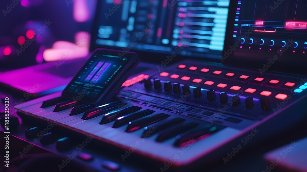 Poster illuminated music production studio setup with keyboard and screens