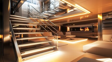 Obraz premium Luxury Yacht Interior: Opulent Staircase and Lounge