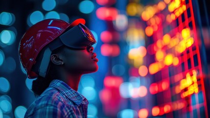 Focused Female Construction Worker Using Virtual Reality Headset at Night