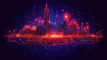 Fototapeta premium Neon Cityscape A vibrant, stylized digital rendering of a futuristic city at night