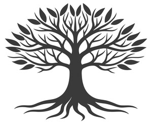 A solitary tree with visible roots set against a clean white background, emphasizing its natural structure and form.