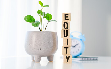 Equity - words from wooden blocks with letters, the value of a company equity concept, white...