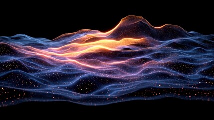 A mesmerizing abstract depiction of undulating waves of glowing light in blue and orange hues, resembling a digital landscape, with a dynamic and futuristic feel on a black background