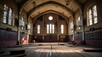 Obraz premium Large empty old ruined gymnasium in abandoned school