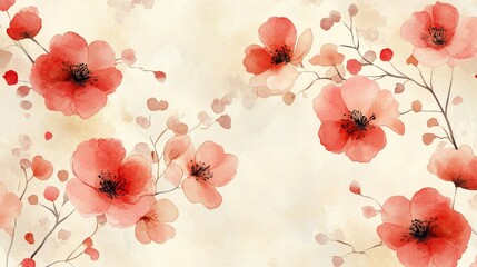 Seamless Watercolor Pattern of Pink and Red Flowers on Pale Gold Background, Minimalist Design, Soft and Elegant Floral Wallpaper