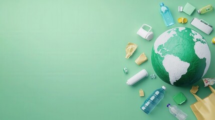Fototapeta premium Icons of reusable items like bags and bottles encircling a green Earth