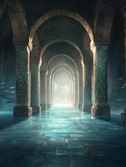 A mystical underwater corridor with stone arches and glowing walls, leading to a bright light in the distance, surrounded by still water.