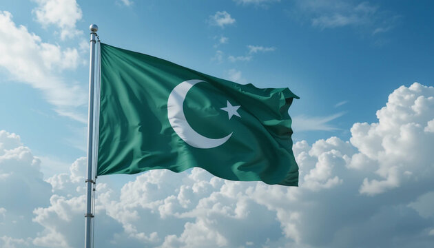 A Pakistani flage waves in Air with cloudy background 