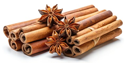 Aromatic cinnamon sticks and anise stars, isolated on a clean background, high-resolution food photography.