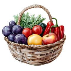 Fresh Fruit and Vegetables in a Woven Basket Isolated on Transparent Background
