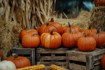 Pumpkin Display with Hay and Corn at Rustic Farm Setting
