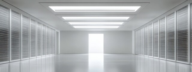 Server Room Corridor:  A minimalist and sleek server room corridor, with rows of sleek server racks and a bright, open doorway at the end, representing a gateway to a world of data, technology.