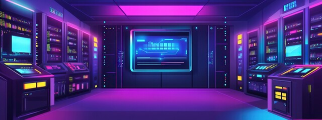 Cyberpunk Server Room: Neon glow illuminates a futuristic server room, filled with advanced technology and vibrant displays.  A captivating scene for tech, gaming, and cyberpunk projects.