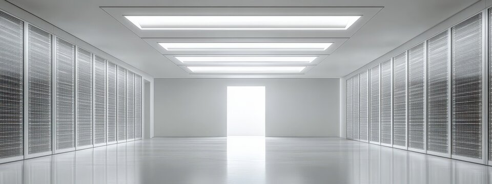 Server Room Corridor:  A minimalist and sleek server room corridor, with rows of sleek server racks and a bright, open doorway at the end, representing a gateway to a world of data, technology. - Powered by Adobe