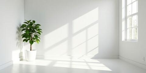 Fototapeta premium Bright Sunlight Illuminates a Minimalist Room with a Potted Plant