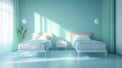 A hospital room interior featuring a solitary single bed placed between two beds.