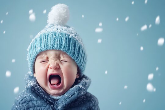 Baby in Blue Winter Hat Crying in the Snow