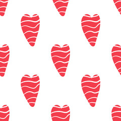 Seamless pattern with red hearts for Valentine's Day in flat doodle style