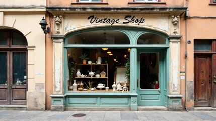 A charming vintage shop storefront with antique porcelain and teaware displayed in its window