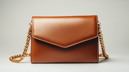 A minimalist leather handbag with a gold chain strap, centered on a white background, AI Generative.