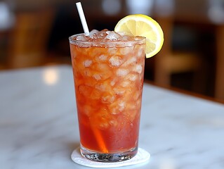 A tall glass of iced coffee sits elegantly on a white marble table, accompanied by a straw and a slice of lemon on the rim. The condensation on the glass adds a refreshing touch, while the clear 