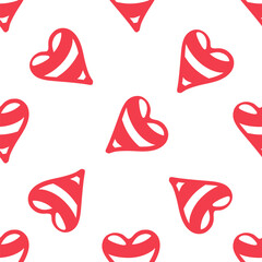 Seamless pattern with red abstract hearts on white background in flat doodle style