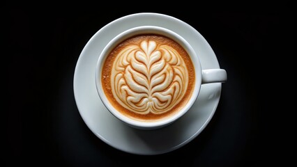 Close-up of intricate coffee foam art in a white cup against a black background. Ample copy space.