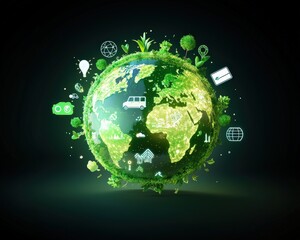 Illustration of Earth glowing with water-saving and eco-friendly transport icons