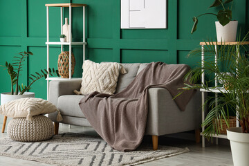 Interior of living room with sofa and knitted plaid