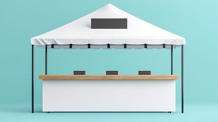A vibrant white sales tent with clean lines, a blank storefront sign above the tent in a minimalist design, a simple wooden table at the center, bright studio lighting with soft shadows, on a solid
