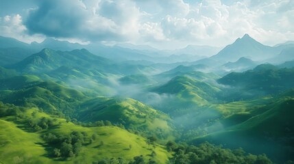 Fototapeta premium Rolling Green Hills with Sunlight and Distant Mountains