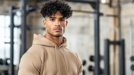 Focused Determination: A young man with a determined gaze, clad in a beige hoodie, exudes strength and confidence in this fitness-themed portrait.