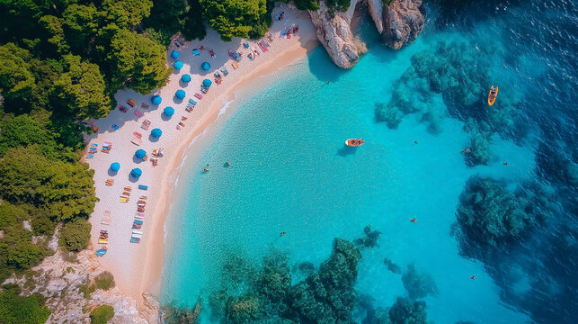 Aerial view of a tropical beach with turquoise water and colorful umbrellas.