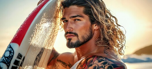 Beach Life: Surfer with Long Hair and Tattoos