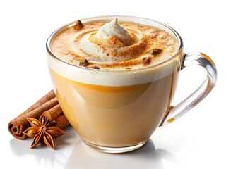 Creamy spiced vanilla chai latte, a warm autumnal caf&eacute; drink, perfectly photographed against a white backdrop.