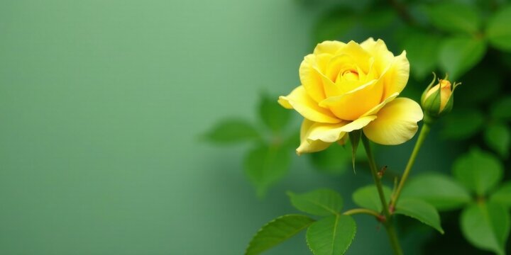 A single yellow rose blooms against a soft green backdrop