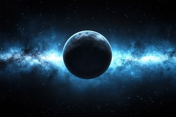 Fototapeta premium A dark planet surrounded by a luminous blue nebula, set against a starry cosmic backdrop, evoking a sense of mystery and wonder in space.