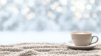 Cozy Winter Latte Beige Knit Texture, Coffee Cup, Bokeh Background, Winter Photography Winter, Coffee