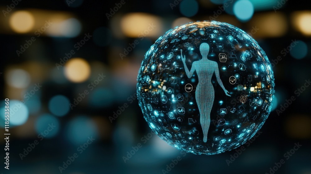 Aufkleber futuristic digital sphere with human silhouette and technology icons, representing virtual reality, 