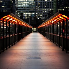 Illuminated Urban Corridor at Night  Modern Architecture  Cityscape  Pathway