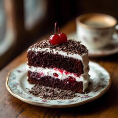  a slice of Schwarzw&auml;lder Kirschtorte (Black Forest cake), with layers of chocolate sponge, whipped cream, and cherries, topped with chocolate shavings, placed on a vintage porcelain plate with a cup 