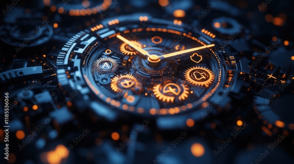 Aufkleber Close-Up View of Intricate Clock Mechanism with Glowing Gears, Stylish Dial and Beautiful Orange Lighting for Technology and Timekeeping Concepts