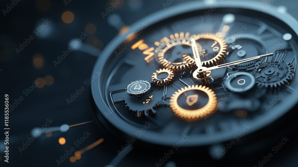 Poster close-up view of intricate mechanical watch gears and mechanics with golden accents against a dark b