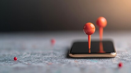 Smartphone GPS Navigation Orange Map Pins on Mobile Screen, Location Tracking, Map App GPS, Navigation
