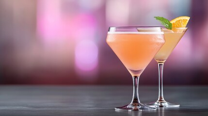 Two Pink and Orange Cocktails in Martini Glasses, Bokeh Background, Closeup, Festive Drinks Cocktail, Martini